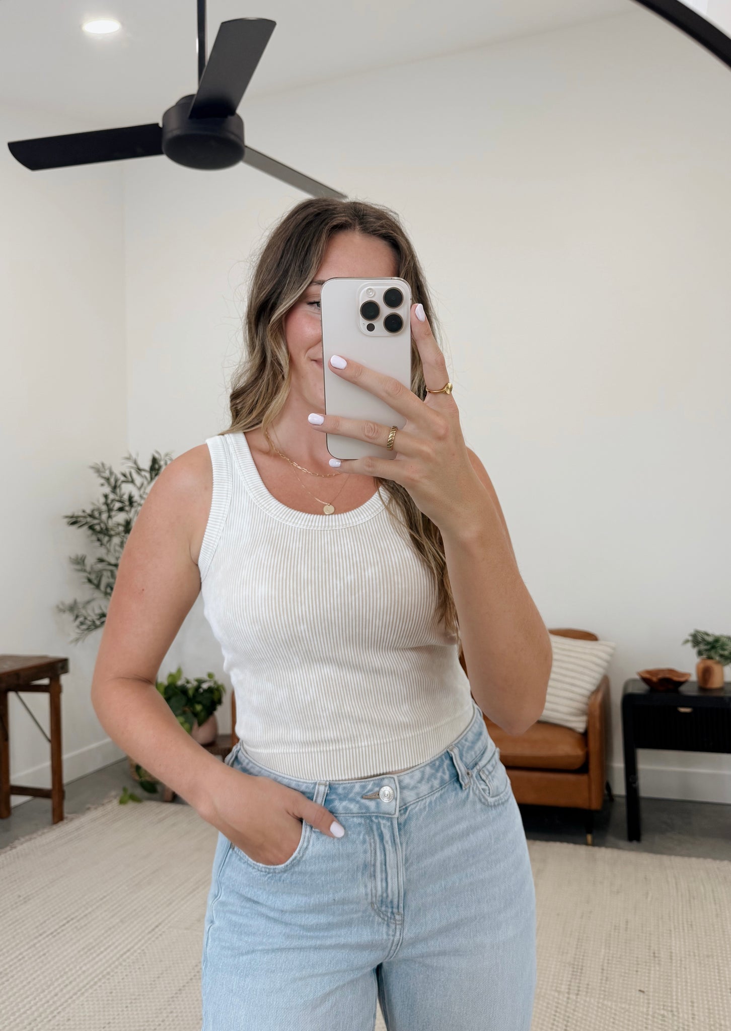 Sand Beige Padded Ribbed Tank